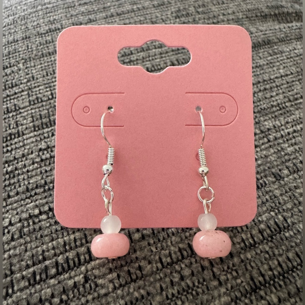 Chic Pink Quartz and Silver Tone Stainless Steel Beaded Earrings